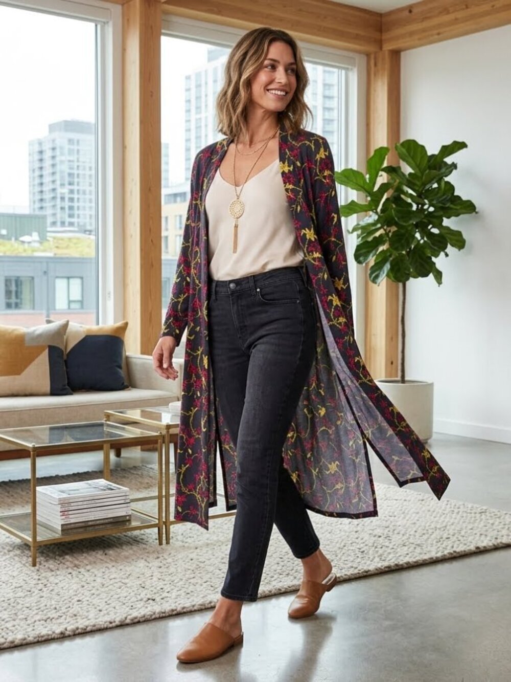 Lularoe Women's Size Medium Multi-Color Open Front Floral Sarah Duster Cardigan